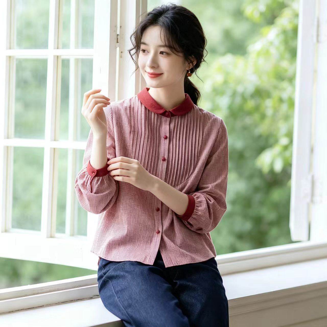 2026秋新款复古撞色长袖衬衫女小粉格子短版型宽松遮肚时尚上衣