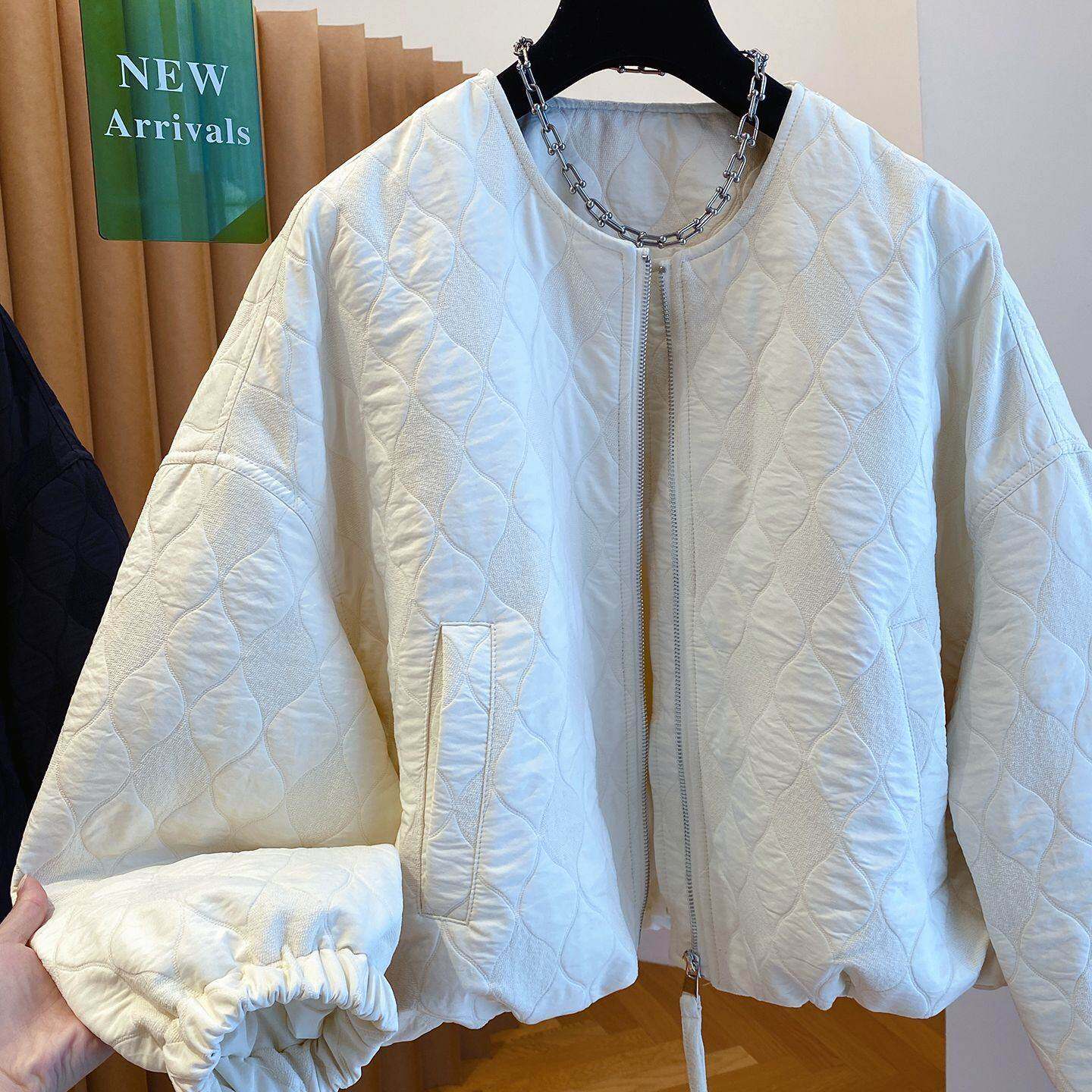 韩国绗缝菱格夹棉外套女秋冬2026新款宽松无领棒球服洋气轻薄棉服