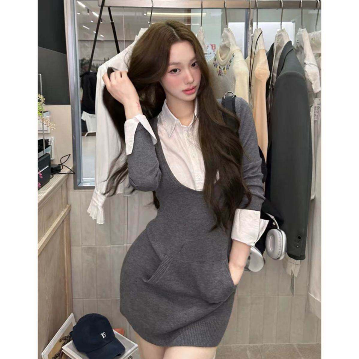 灰色衬衫领假两件连衣裙女秋季大方得体绝美穿搭包臀短裙子