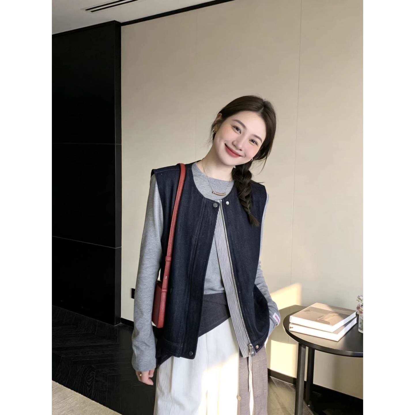 韩系时尚高级拼接牛仔马甲外套女夏季小个子无袖坎肩圆领马夹背心