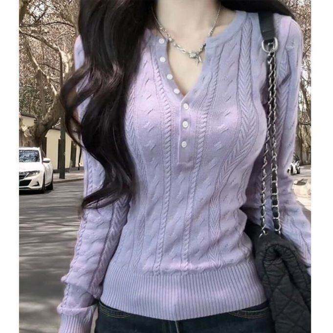 紫色领正肩长袖毛衣针织衫女早秋季修身短款内搭打底亨利衫上衣