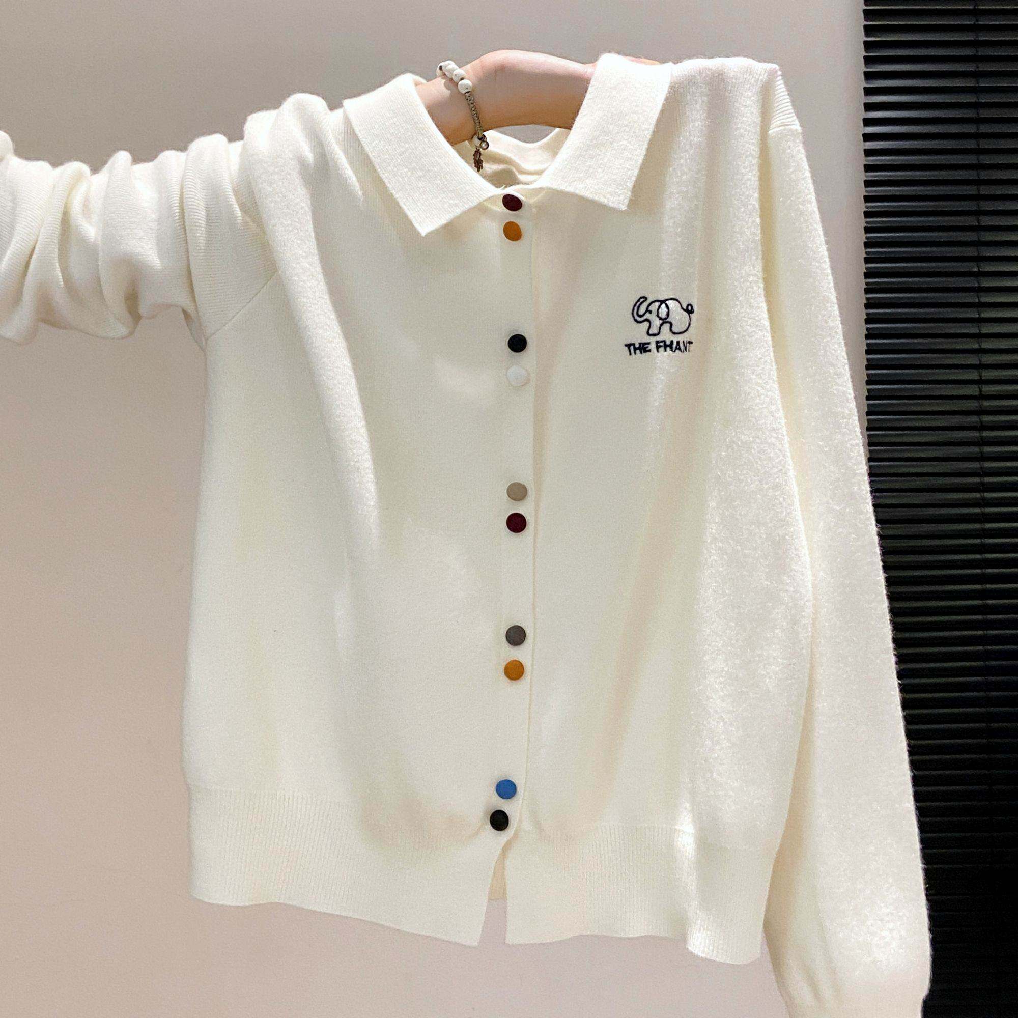 韩系领针织开衫女早秋彩色纽扣大象刺绣宽松长袖软糯外搭上衣