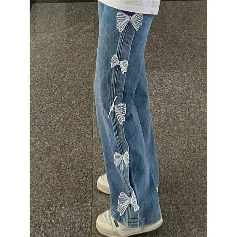 牛仔裤高腰女蝴蝶结阔腿裤新款