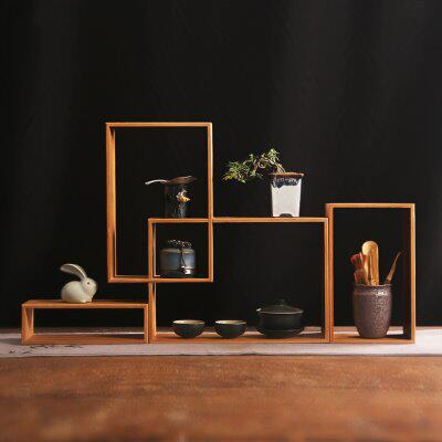 简约现代竹博古架 多宝阁盆景摆件实木小展示柜 茶具茶杯收纳组合
