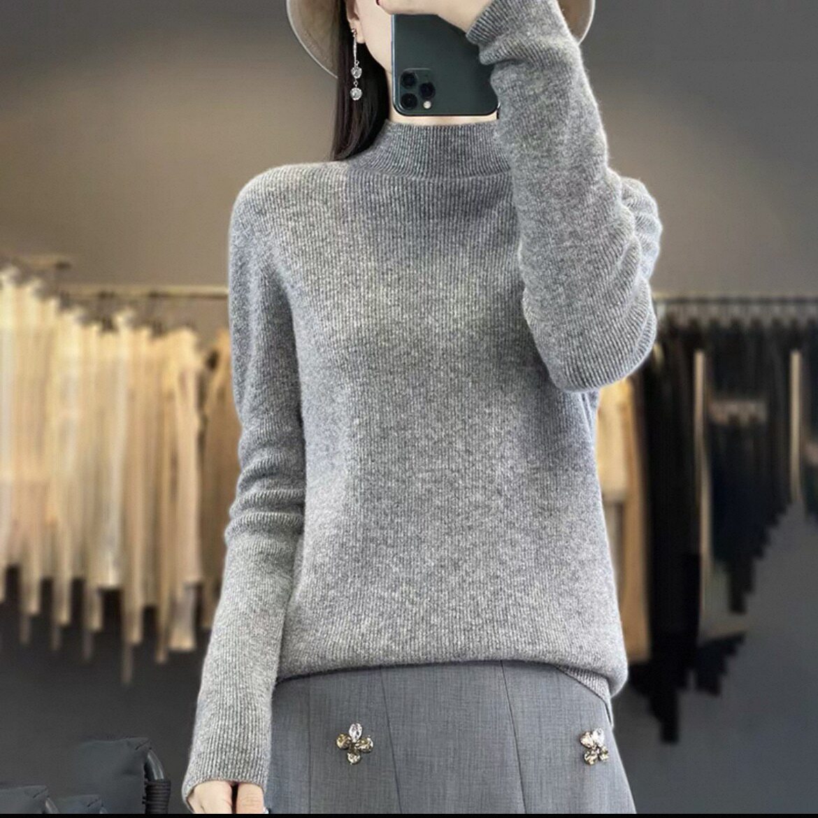 高领羊绒衫女宽松显瘦套头打底衫灰色针织毛衣