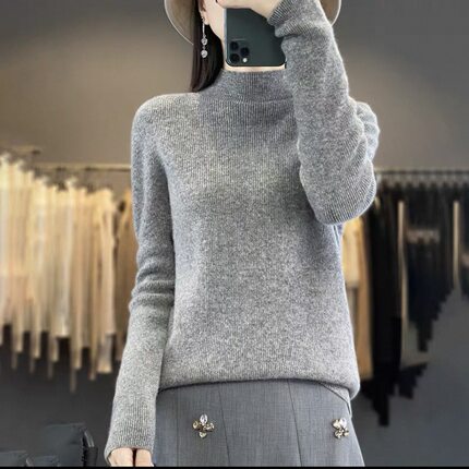 高领羊绒衫女宽松显瘦套头打底衫灰色针织毛衣