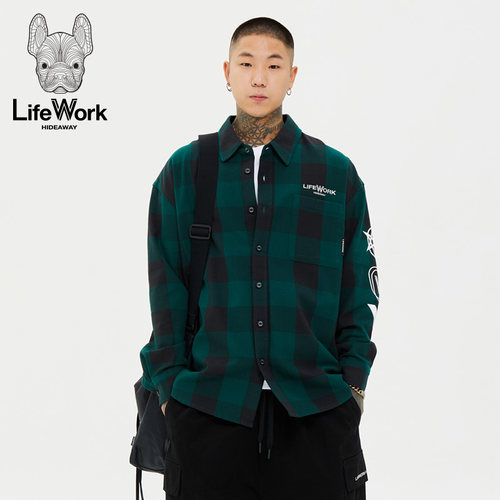 LIFEWORK HIDEAWAY美式复古格子衬衫男长袖翻领宽松休闲衬衣上衣