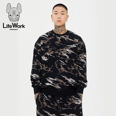 LIFEWORK HIDEAWAY迷彩肌理纹理图案圆领套头卫衣男长袖时尚上衣