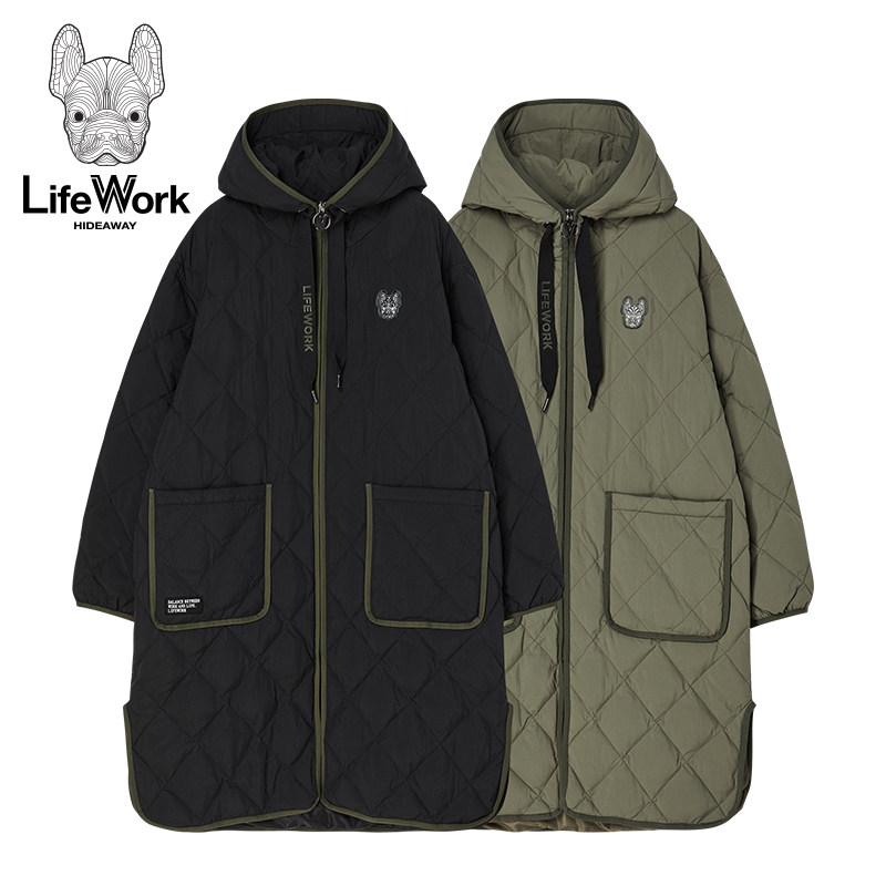 LIFEWORK HIDEAWAY复古连帽中长款羽绒服女菱格绗缝保暖鸭绒外套