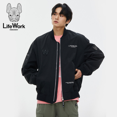 LIFEWORK HIDEAWAY黑色棒球服立领刺绣夹克男飞行员bomber外套