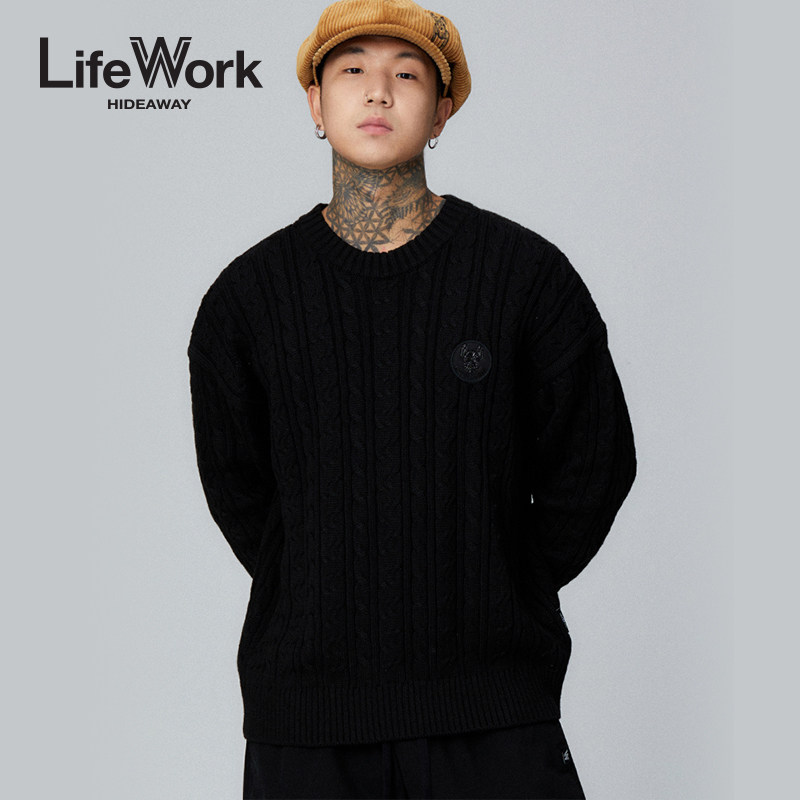 LIFEWORK HIDEAWAY绞花男士黑色麻花纹圆领套头针织衫宽松毛衣