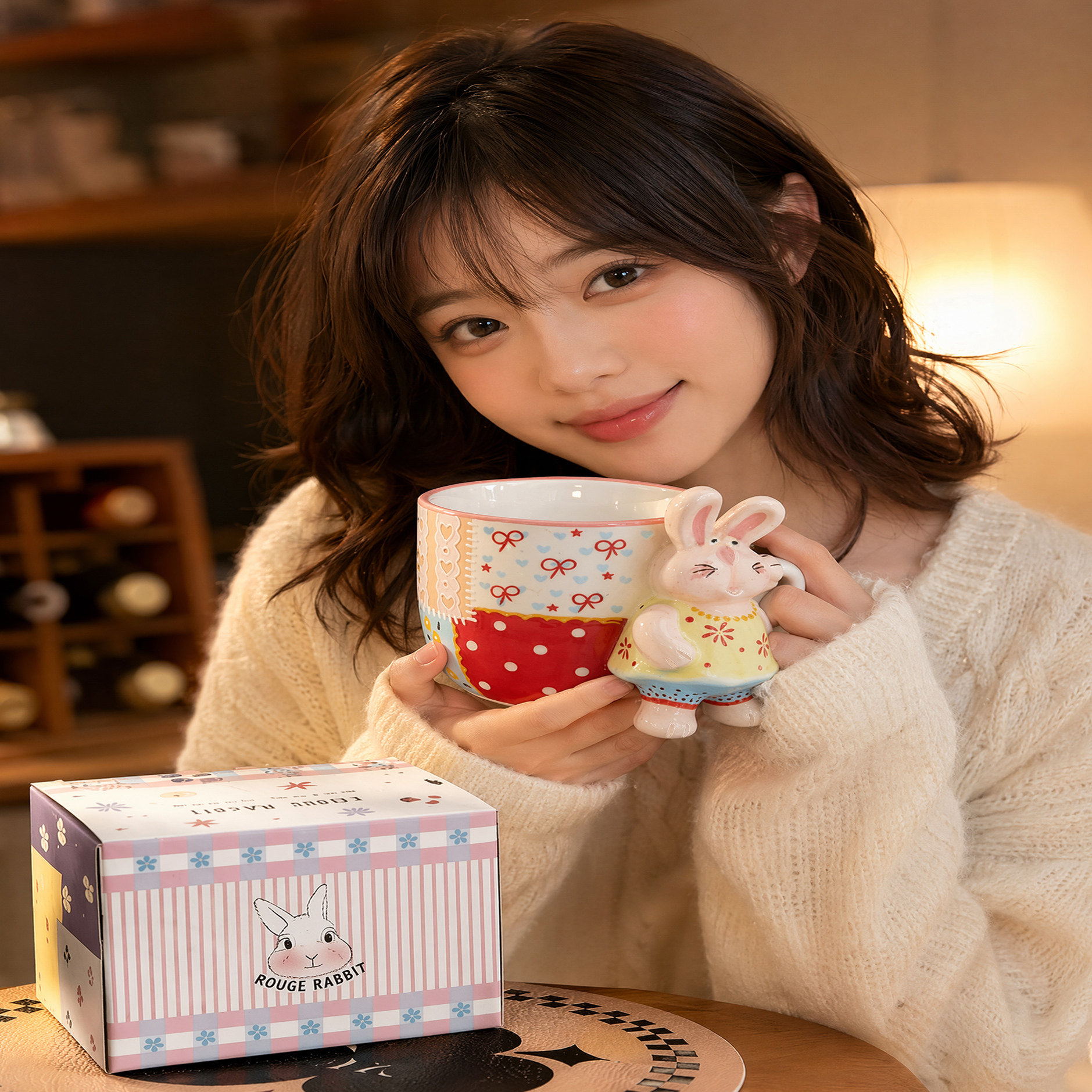 可爱萌兔手绘马克杯男女情侣杯陶瓷咖啡杯早餐杯高颜值杯子带勺