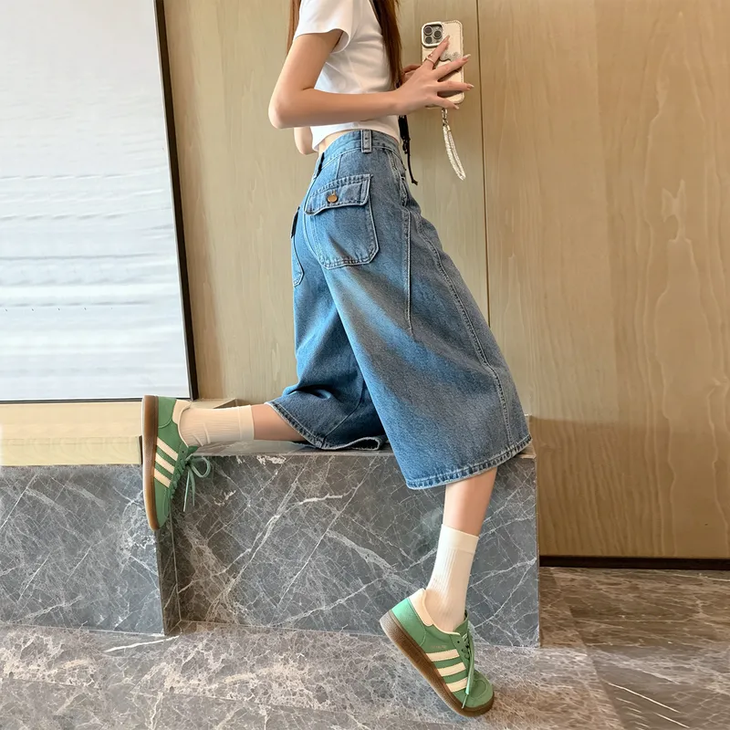 复古蓝七分裤牛仔短裤女夏薄款2026超火新款小个子直筒7分中裤子