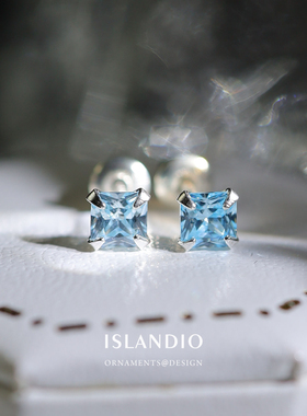 ISLANDIO纯银蓝宝石公主方钻耳钉