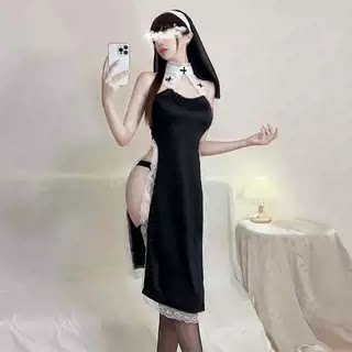 内衣纯欲修女服情调性感蕾丝挂脖露背中长款开裆COS诱惑女佣睡裙