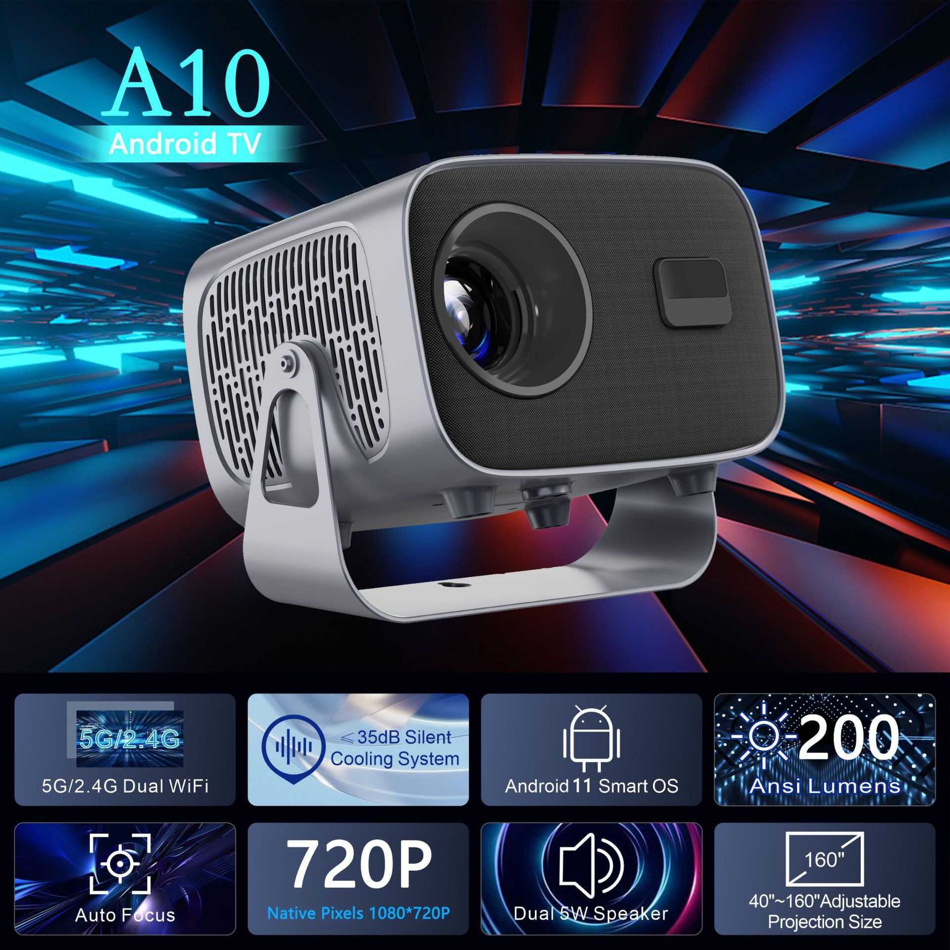 A10高清4k智能投影仪wifi6低噪音720p户外露营便携迷你投影仪