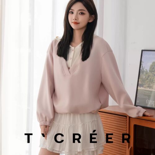 T`CREER｜【慢调生活】春季拼接撞色宽松显瘦假两件连帽卫衣女