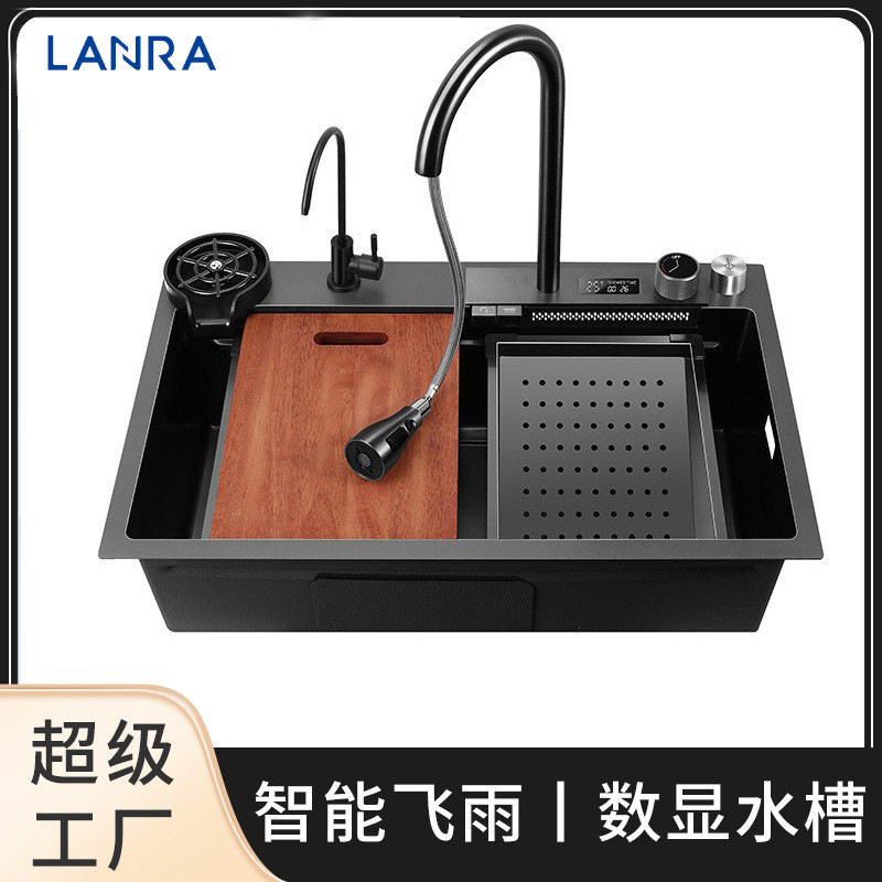 智能数显鲨鱼304水槽不锈钢单槽黑金刚台上洗菜盆洗碗池子