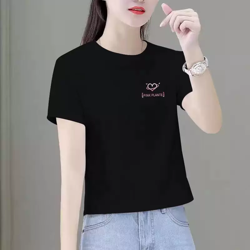 通勤风黑色短袖T恤女圆领印花宽松显瘦百搭上衣