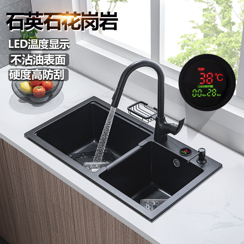 正品黑色石英石水槽双槽厨房洗菜盆花岗岩手工家用洗碗池套餐加厚