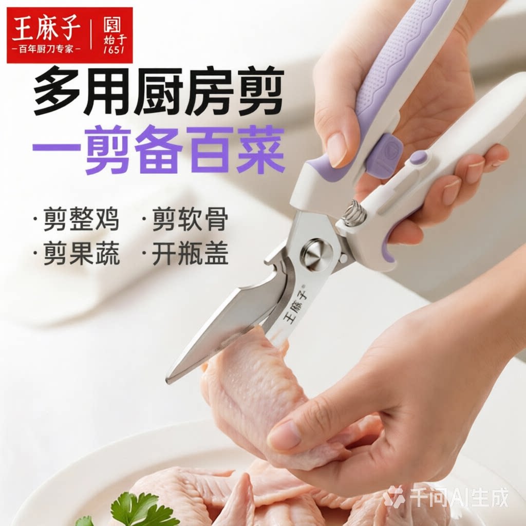 王麻子厨房剪刀家用强力多功能鸡骨剪不锈钢强力弹簧剪子官方正品