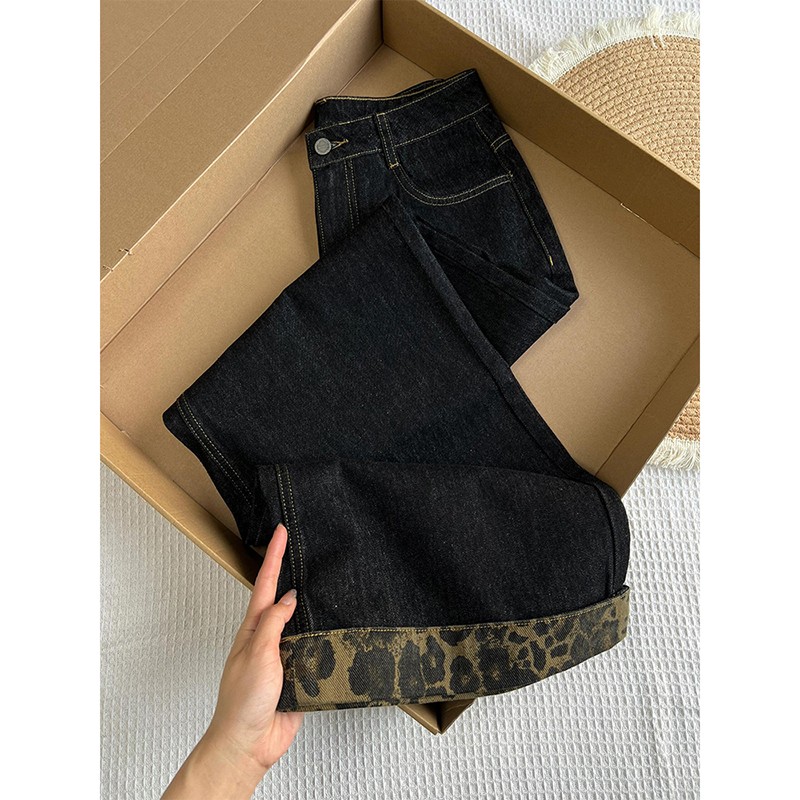复古豹纹拼接设计感阔腿牛仔裤女