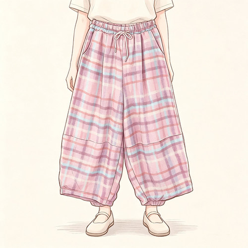 Hooxun逅荨【慵懒周末】  百搭格子休闲松紧腰裤HX715C071
