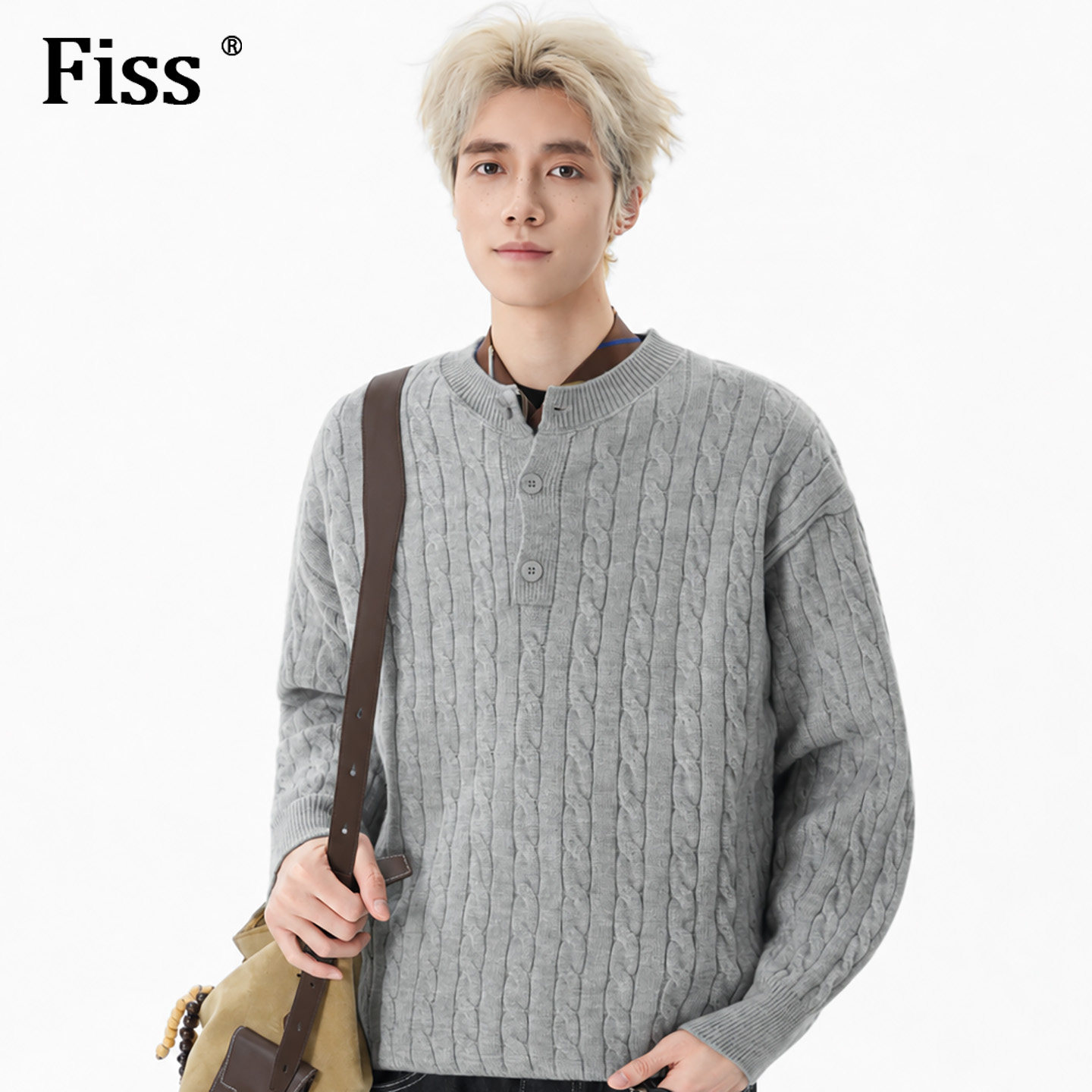 fiss26秋季新款亨利领毛衣高智人夫感穿搭老钱风男装麻花纹针织衫