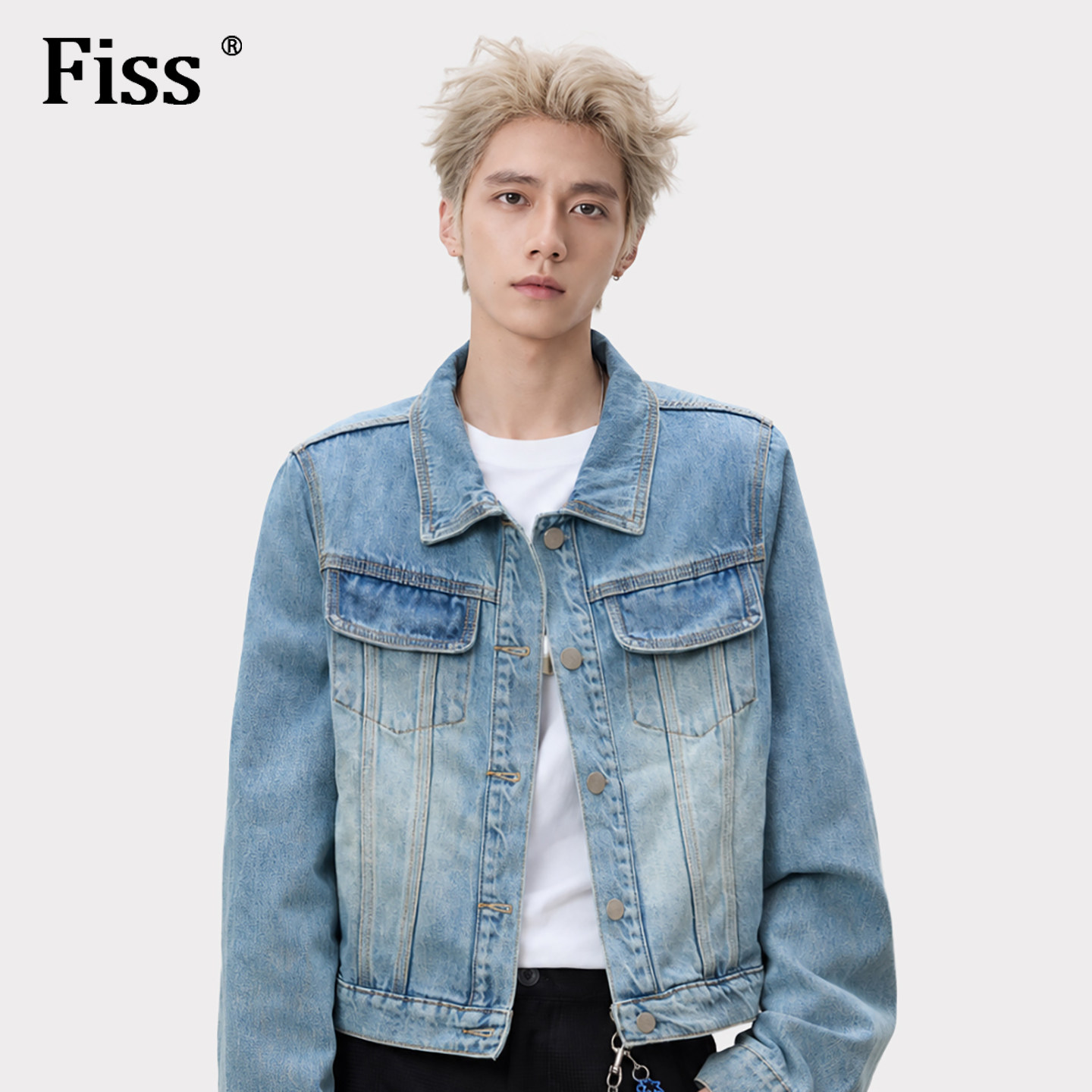 fiss美式复古水洗磨白夹克高级感牛仔外套男宽松短款简约百搭上衣