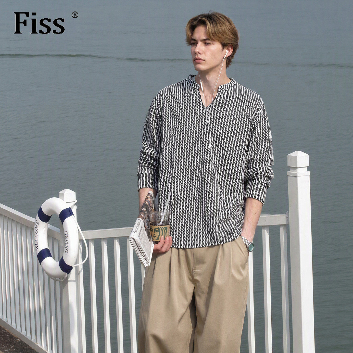 fiss2026秋季肌理感小V领长袖T恤男款条纹慵懒风上衣潮内搭打底衫