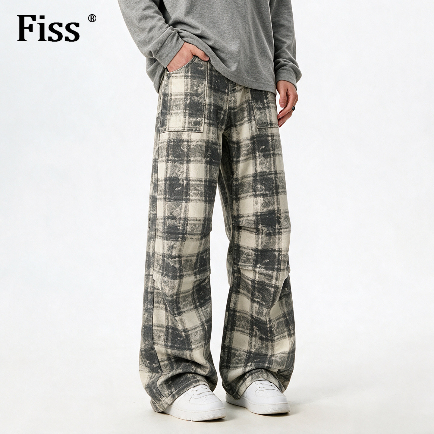 fiss美式复古扎染弯刀格子裤男秋季褶皱cleanfit微喇长裤痞帅裤子