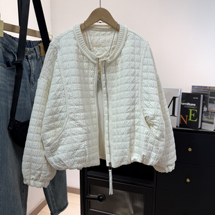米白色圆领短款棉服女秋冬新款压线夹棉小个子显高保暖棉衣外套潮