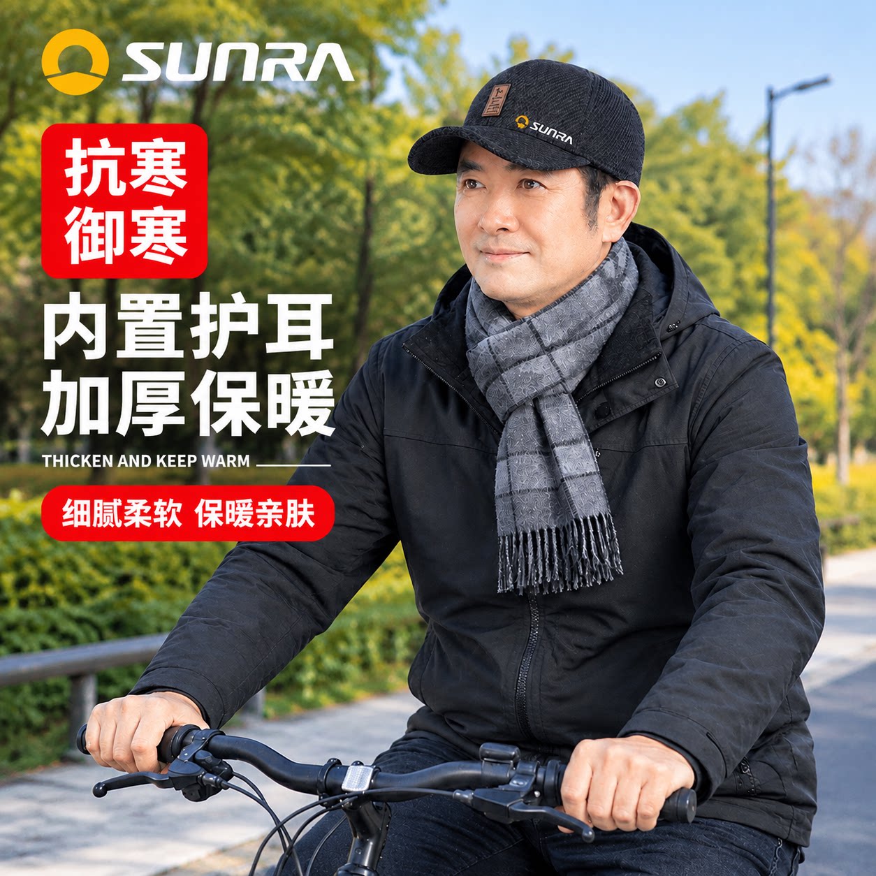 中老年人帽子男秋冬季加绒保暖老人护耳鸭舌帽电动车自行车骑行帽