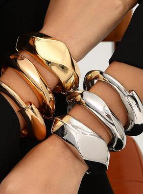 欧美跨境新款ins风不规则夸张切面合金手镯宽版Bracelet设计感手