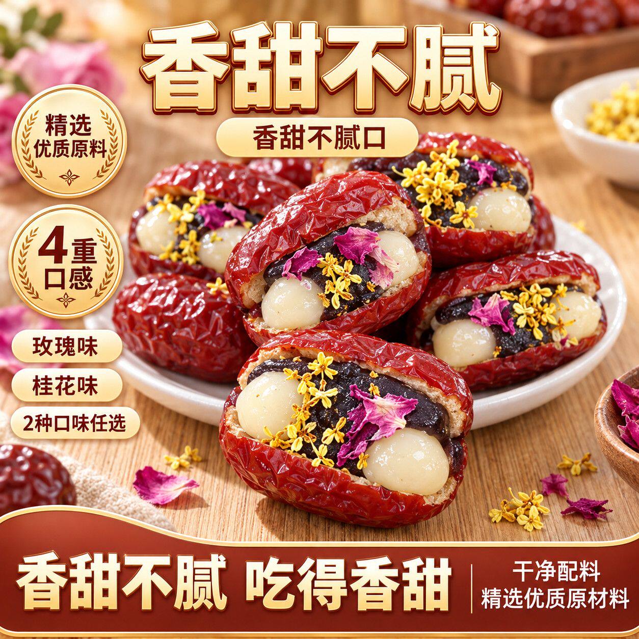 玉灵抱富枣桂花味玫瑰味去核红枣夹血糯米坚果追剧办公室解馋零食