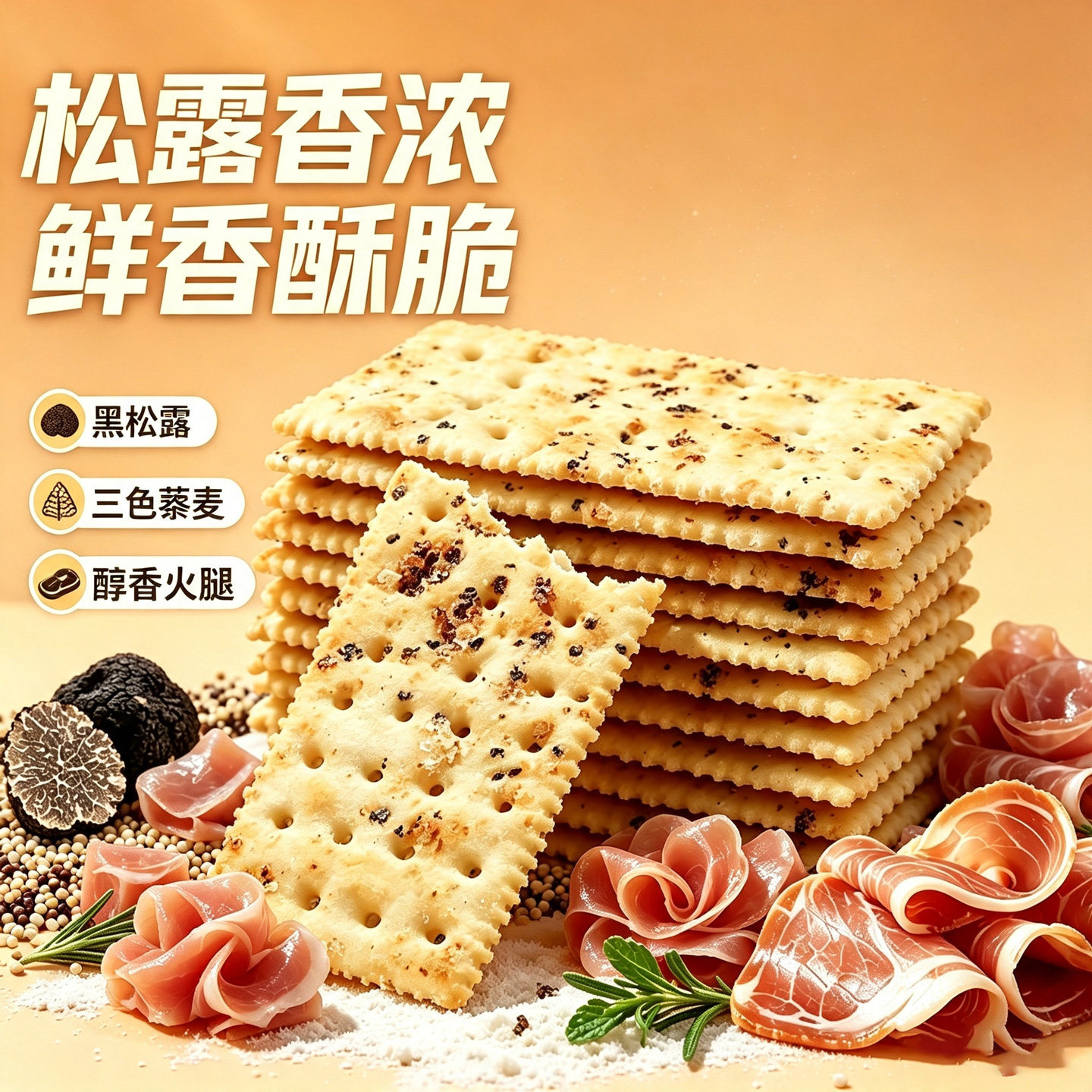 轻薄酥脆！永得利黑松露火腿苏打饼干藜麦奇亚籽味早餐休闲零食