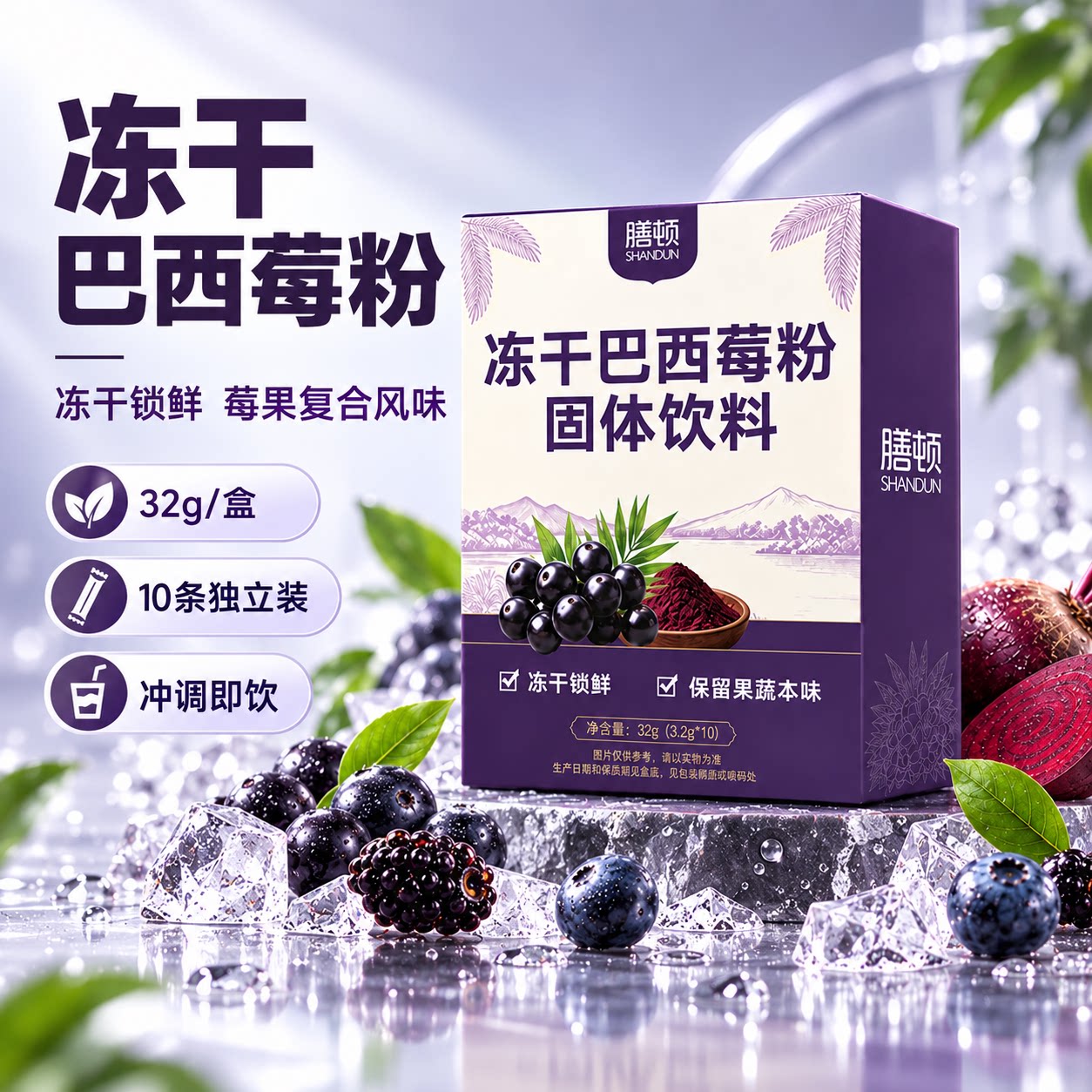 膳顿冻干巴西莓粉官方旗舰店丰富花青素膳食纤维冲饮果蔬粉盒装