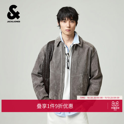 略宽松版型，休闲挺括，猪皮革面料，翻领