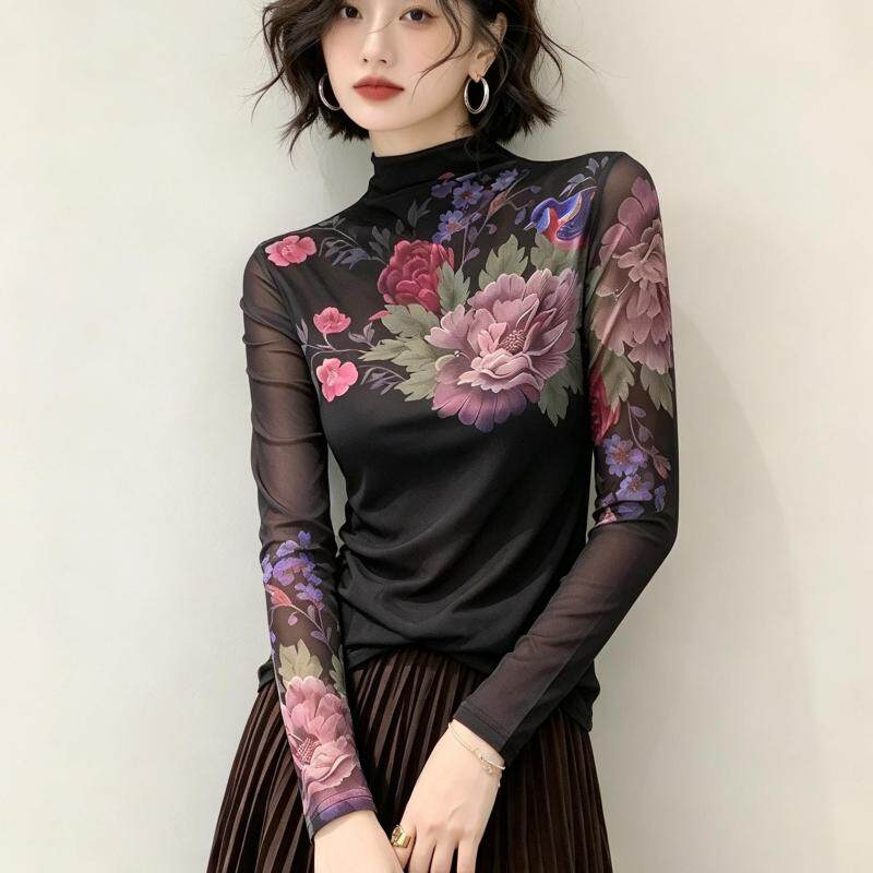 时髦精致网纱打底衫女内搭可外穿洋气长袖上衣秋冬气质衣服A0879