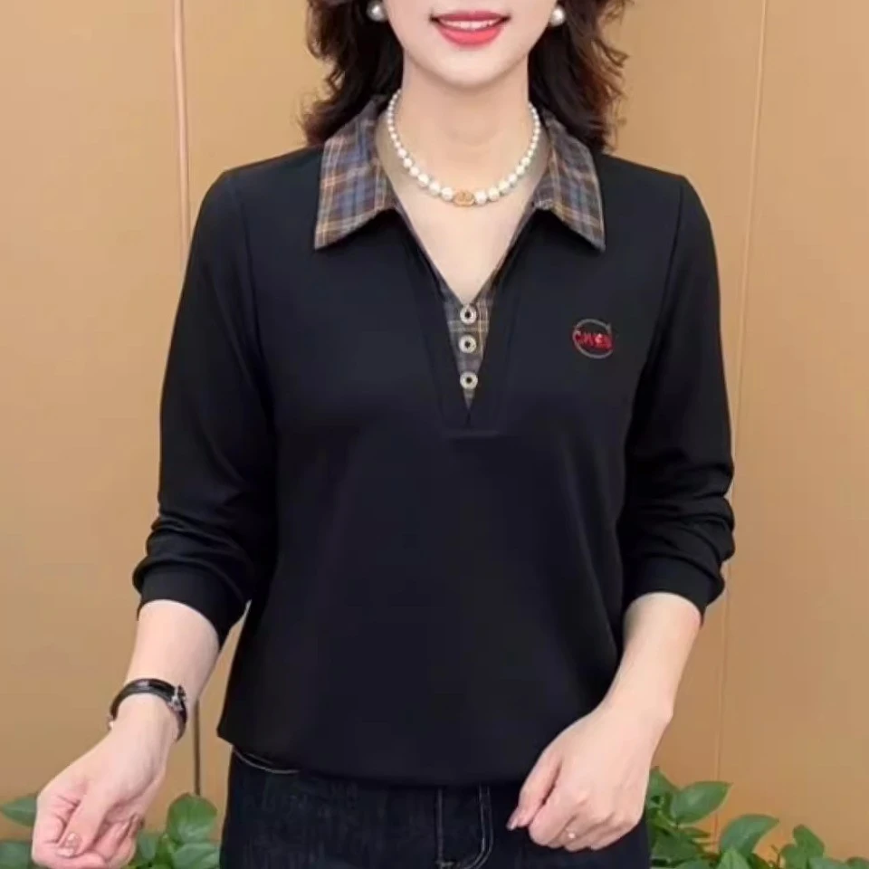 2026秋季新款长袖小衫百搭上衣洋气格子翻领假两件衬衫女D75157