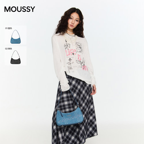 Moussy牛仔拼接腋下包复古通勤
