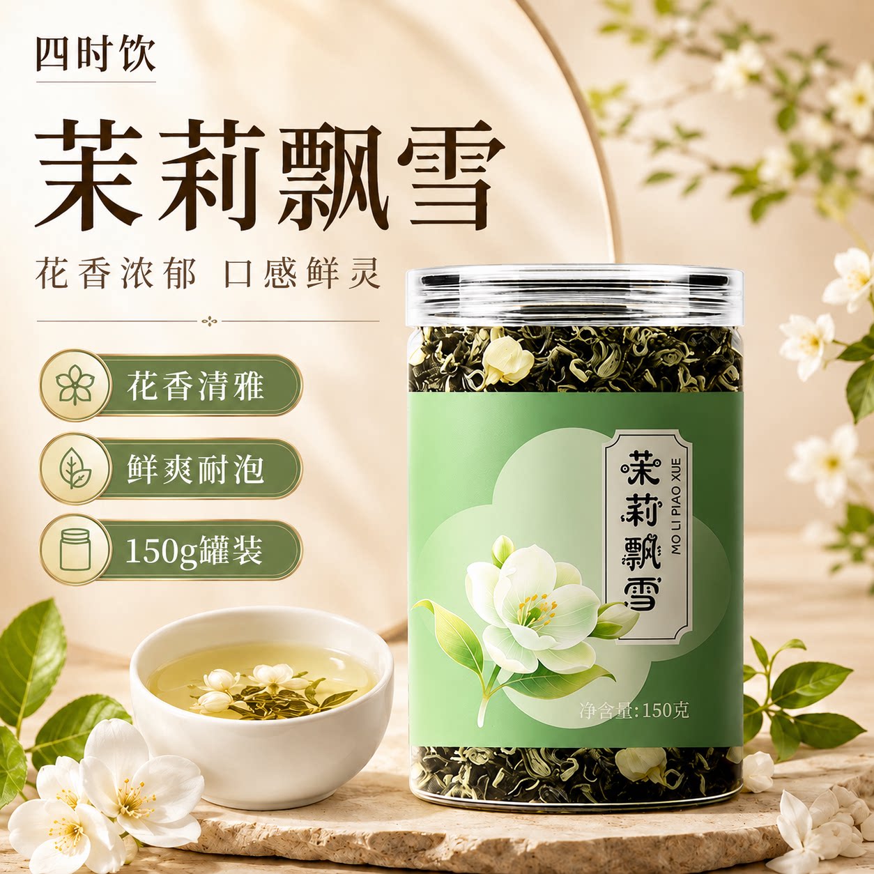 茉莉飘雪浓香型花茶 嫩芽窨制 花香浓郁耐泡罐装 居家办公茶饮