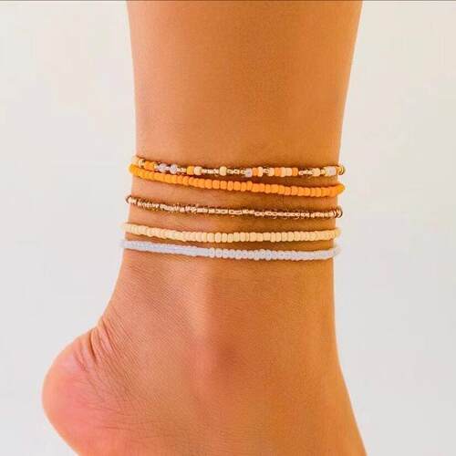欧美跨境饰品美拉德色系夏日沙滩米珠脚链Anklet多层叠戴百搭脚链
