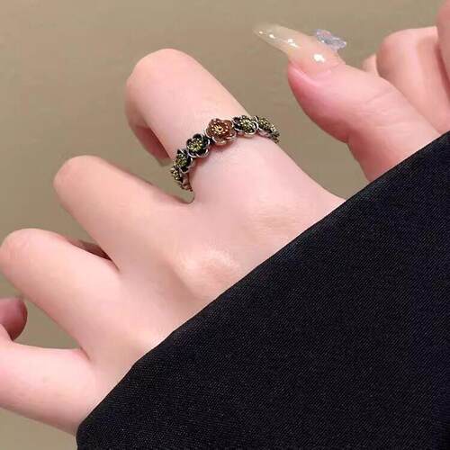 复古做旧花朵戒指女秋时尚级感气质百搭食指戒小众个性开口指环