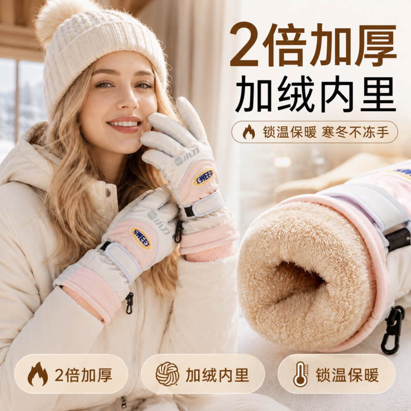 冬季女士保暖手套加绒加厚防风防寒触屏骑行学生可爱韩版滑雪手套