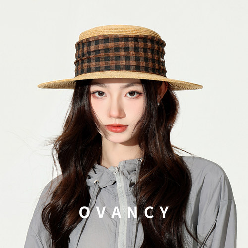OVANCY法式老钱风遮阳草帽女2026夏季海边度假平顶沙滩帽防晒礼帽