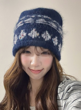 OVANCY费尔岛风毛线帽女冬季显脸小羊毛卷边针织帽可爱包头堆堆帽