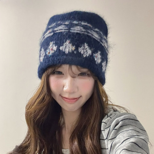 OVANCY费尔岛风毛线帽女冬季显脸小羊毛卷边针织帽可爱包头堆堆帽