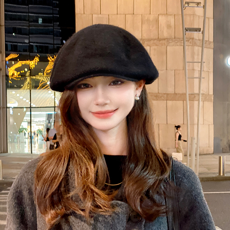 OVANCY羊毛贝雷帽女秋冬季复古高级感海军云朵帽显脸小针织八角帽