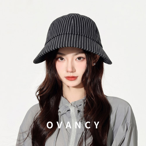 OVANCY显脸小防晒帽女2026新款夏季防紫外线遮脸鸭舌帽条纹渔夫帽